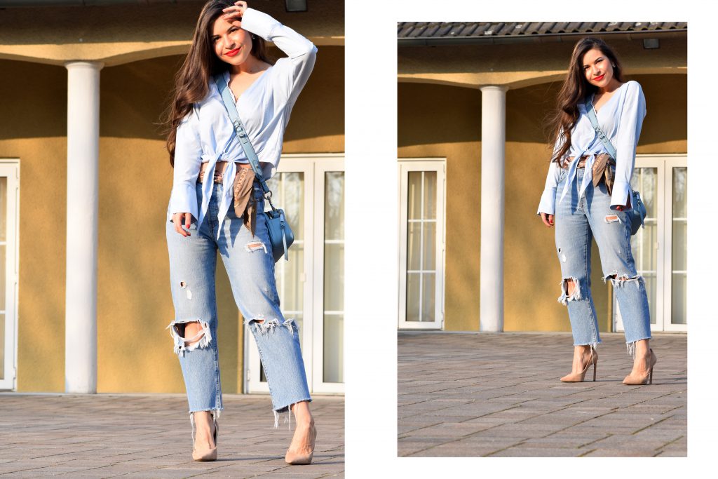 Spring Look in Blau mit Boyfriend Jeans, blauer Bluse und blauer Tasche